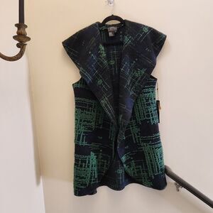 UbU Art-to-wear Green/Blue Long Sweater Vest Textured Knit Cardigan Wool Blend L